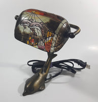 Beautiful Tiffany Style Dolphin Themed Stained Glass and Brass Dolphin Base Banker's Table Lamp Light 9 1/2" Tall