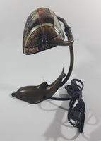 Beautiful Tiffany Style Dolphin Themed Stained Glass and Brass Dolphin Base Banker's Table Lamp Light 9 1/2" Tall