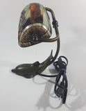 Beautiful Tiffany Style Dolphin Themed Stained Glass and Brass Dolphin Base Banker's Table Lamp Light 9 1/2" Tall