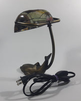 Beautiful Tiffany Style Dolphin Themed Stained Glass and Brass Dolphin Base Banker's Table Lamp Light 9 1/2" Tall