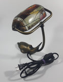 Beautiful Tiffany Style Dolphin Themed Stained Glass and Brass Dolphin Base Banker's Table Lamp Light 9 1/2" Tall