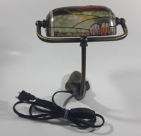 Beautiful Tiffany Style Dolphin Themed Stained Glass and Brass Dolphin Base Banker's Table Lamp Light 9 1/2" Tall