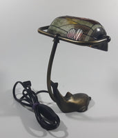 Beautiful Tiffany Style Dolphin Themed Stained Glass and Brass Dolphin Base Banker's Table Lamp Light 9 1/2" Tall