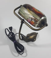 Beautiful Tiffany Style Dolphin Themed Stained Glass and Brass Dolphin Base Banker's Table Lamp Light 9 1/2" Tall