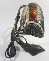 Beautiful Tiffany Style Dolphin Themed Stained Glass and Brass Dolphin Base Banker's Table Lamp Light 9 1/2" Tall