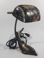 Beautiful Tiffany Style Dolphin Themed Stained Glass and Brass Dolphin Base Banker's Table Lamp Light 9 1/2" Tall