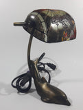 Beautiful Tiffany Style Dolphin Themed Stained Glass and Brass Dolphin Base Banker's Table Lamp Light 9 1/2" Tall