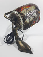 Beautiful Tiffany Style Dolphin Themed Stained Glass and Brass Dolphin Base Banker's Table Lamp Light 9 1/2" Tall