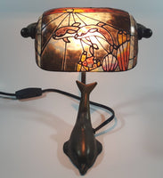 Beautiful Tiffany Style Dolphin Themed Stained Glass and Brass Dolphin Base Banker's Table Lamp Light 9 1/2" Tall