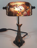 Beautiful Tiffany Style Dolphin Themed Stained Glass and Brass Dolphin Base Banker's Table Lamp Light 9 1/2" Tall