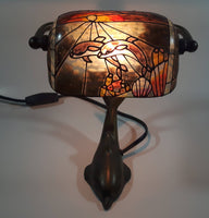 Beautiful Tiffany Style Dolphin Themed Stained Glass and Brass Dolphin Base Banker's Table Lamp Light 9 1/2" Tall