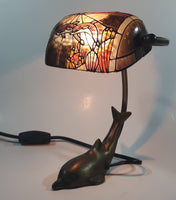 Beautiful Tiffany Style Dolphin Themed Stained Glass and Brass Dolphin Base Banker's Table Lamp Light 9 1/2" Tall