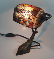 Beautiful Tiffany Style Dolphin Themed Stained Glass and Brass Dolphin Base Banker's Table Lamp Light 9 1/2" Tall