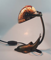 Beautiful Tiffany Style Dolphin Themed Stained Glass and Brass Dolphin Base Banker's Table Lamp Light 9 1/2" Tall