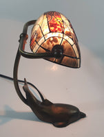 Beautiful Tiffany Style Dolphin Themed Stained Glass and Brass Dolphin Base Banker's Table Lamp Light 9 1/2" Tall