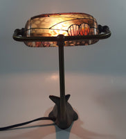 Beautiful Tiffany Style Dolphin Themed Stained Glass and Brass Dolphin Base Banker's Table Lamp Light 9 1/2" Tall