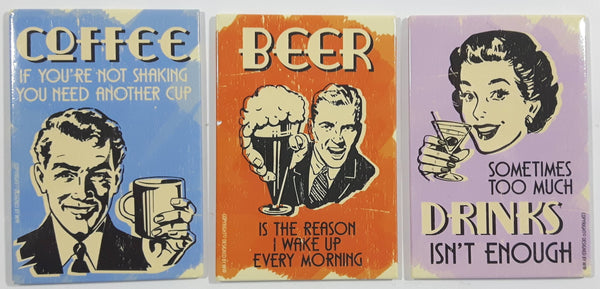 Coffee Beer Drinks Vintage Style Quote Metal Fridge Magnet Set of 3