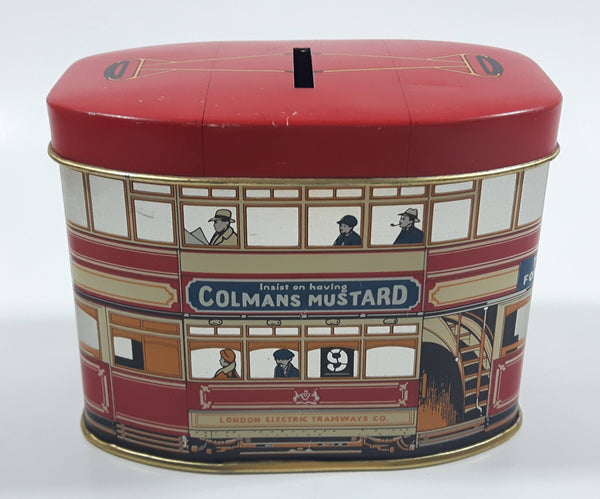 Vintage London Electric Tramways Co. Insist on having Colmans Mustard & Jacob's Cream Crackers Tin Metal Coin Bank