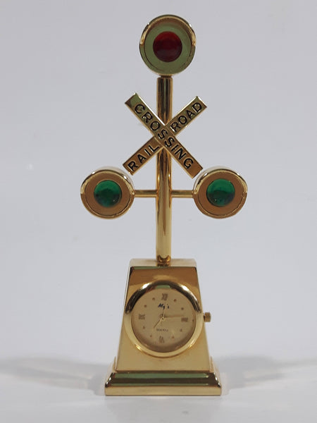 My's Railroad Crossing 4 1/2" Tall Gold Tone Metal Miniature Quartz Clock - Needs A Battery