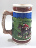 Vintage Horse Jumping Racing Large Embossed Ceramic Pottery Beer Stein 7 3/8" Tall - Cracks