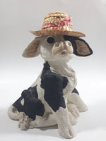 1994 Enesco Kathy Wise Black and White Sitting Calf Cow With Hat 8 1/4" Tall Heavy Resin Sculpture