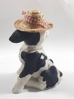 1994 Enesco Kathy Wise Black and White Sitting Calf Cow With Hat 8 1/4" Tall Heavy Resin Sculpture