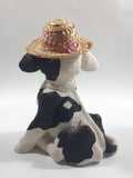 1994 Enesco Kathy Wise Black and White Sitting Calf Cow With Hat 8 1/4" Tall Heavy Resin Sculpture