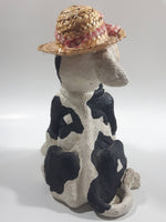 1994 Enesco Kathy Wise Black and White Sitting Calf Cow With Hat 8 1/4" Tall Heavy Resin Sculpture