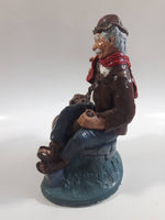 Vintage Naturecraft Mold "Naughty Naughty" Man Sitting On Wall with Brown Dog Chalkware Sculpture 7 3/4" Tall