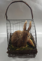 Bunny Rabbit with Carrot in Metal and Wood Cage