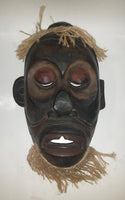 African Style or Indonesian Style Hand Carved Wood Wall Mask With Woven Rope Hair and Beard