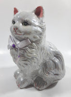 Cute Cat Hand Painted Mother of Pearl Iridescent Paint 6 1/2" Tall Ceramic Coin Bank