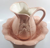 Vintage Flower Embossed Pitcher and Bowl Pink Ceramic Pottery Jug