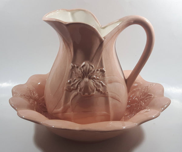 Vintage Flower Embossed Pitcher and Bowl Pink Ceramic Pottery Jug