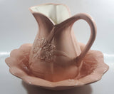 Vintage Flower Embossed Pitcher and Bowl Pink Ceramic Pottery Jug