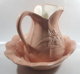 Vintage Flower Embossed Pitcher and Bowl Pink Ceramic Pottery Jug