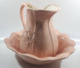 Vintage Flower Embossed Pitcher and Bowl Pink Ceramic Pottery Jug