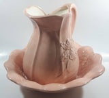 Vintage Flower Embossed Pitcher and Bowl Pink Ceramic Pottery Jug