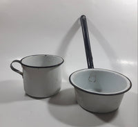 Antique Ladle Scooping Pot and Mug Cup Enamel Metal Set