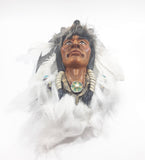 Native Indian with Wolf Head and White Feathers Oval Wall Plaque