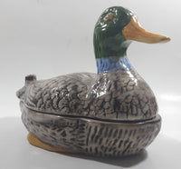 Vintage Hand Painted Mallard Duck Ceramic Pottery Trinket Box Dish with Lid 9" Long