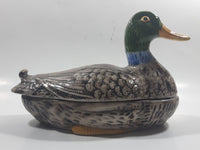 Vintage Hand Painted Mallard Duck Ceramic Pottery Trinket Box Dish with Lid 9" Long