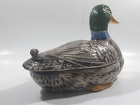 Vintage Hand Painted Mallard Duck Ceramic Pottery Trinket Box Dish with Lid 9" Long