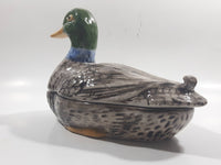 Vintage Hand Painted Mallard Duck Ceramic Pottery Trinket Box Dish with Lid 9" Long