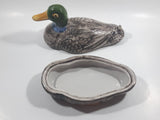 Vintage Hand Painted Mallard Duck Ceramic Pottery Trinket Box Dish with Lid 9" Long