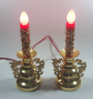 9" Tall Gold Look Plastic Dragon and Pheasant Bird Themed Red Bulb Candle Shaped Lamps