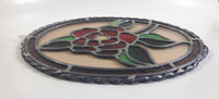 Vintage Rose Flower 9" x 12" Oval Shaped Leaded Stained Glass Window Sun Catcher