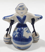 Delft Blue Windmill Themed Woman Carrying Water Bucket Jugs 2 1/4" Tall Figurine