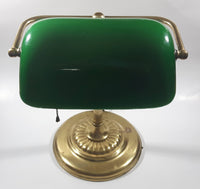 Vintage Style Curved Green Glass on Brass Bankers Desk Lamp 14" Tall