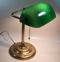 Vintage Style Curved Green Glass on Brass Bankers Desk Lamp 14" Tall